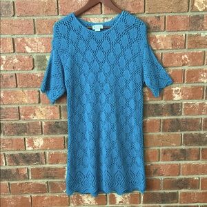 Vintage Bright Lights Turquoise Crochet Short Sleeve Sweater Dress Coverup